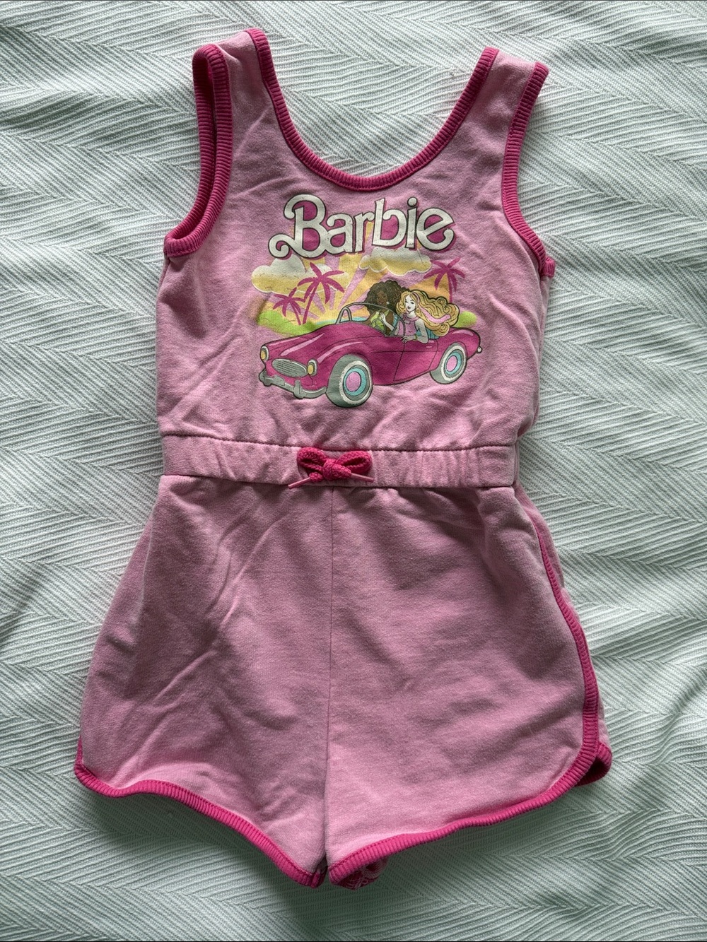 Barbie Pink Sleeveless Graphic Romper with Car Print